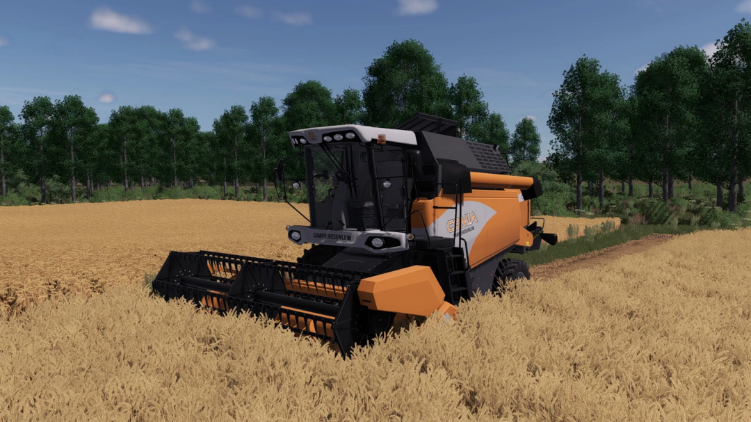 Farming Simulator 25 mod: Sampo Rosenlew Comia C6 harvester working in a wheat field with green trees in the background.