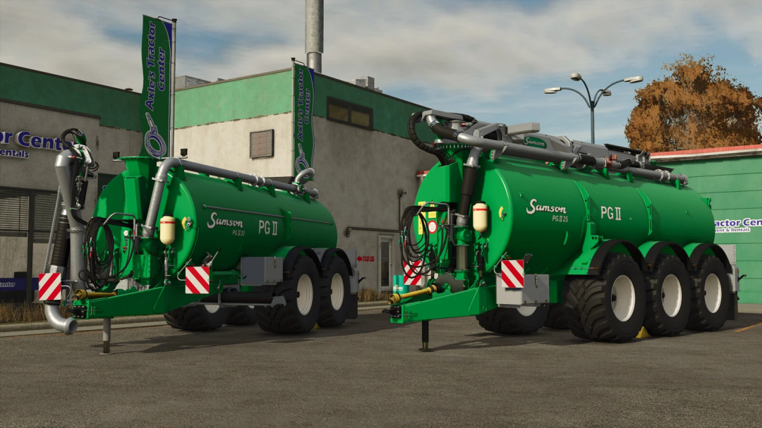 Two green Samson PGII slurry tanks from FS25 mods parked outside Axle's Tractor Center.