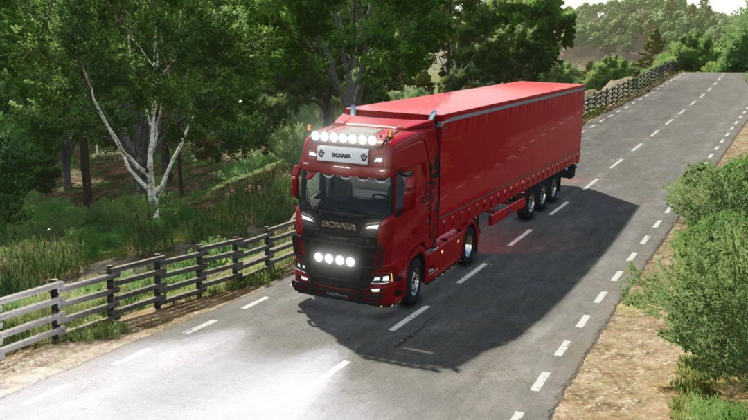 Red Scania S truck mod in Farming Simulator 25, featured with a large trailer on a rural road, part of FS25 mods.