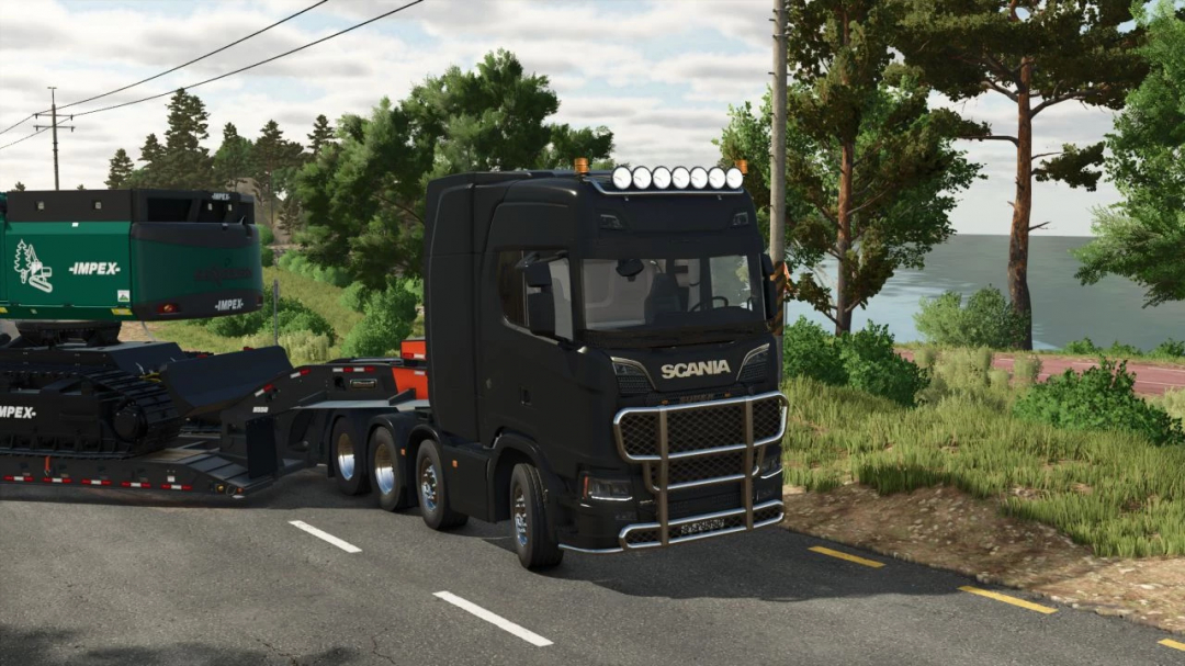 Farming Simulator 25 mod featuring a black Scania S truck from the FS25 mods with a trailer, on a rural road near trees and water.