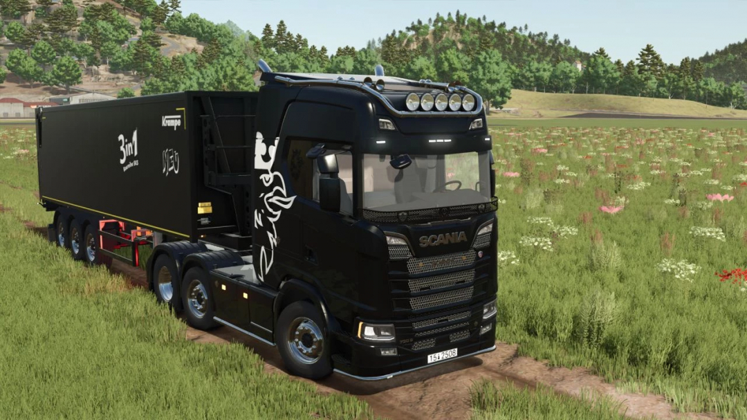 Farming Simulator 25 mods: Black Scania S v1.0.2.0 truck with custom graphics and a trailer in a field.