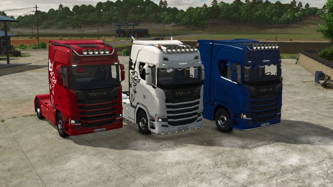 Three Scania S trucks mod in Farming Simulator 25, in red, white, and blue colors, part of FS25 mods collection.