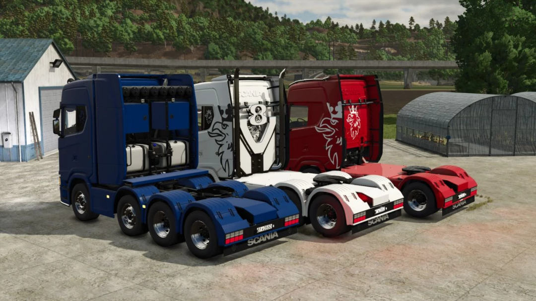 Farming Simulator 25 mod featuring Scania S trucks in blue, white, and red with lion and eagle decals, part of FS25 mods collection.