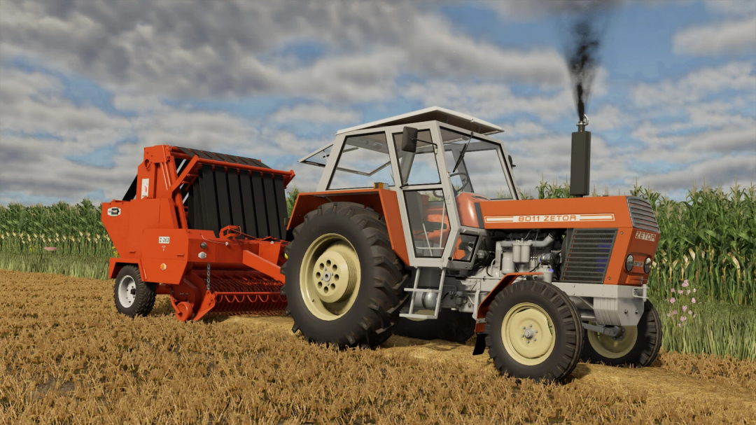 Farming Simulator 25 mod featuring a Zetor 8011 tractor with a seed planter attachment in a field.