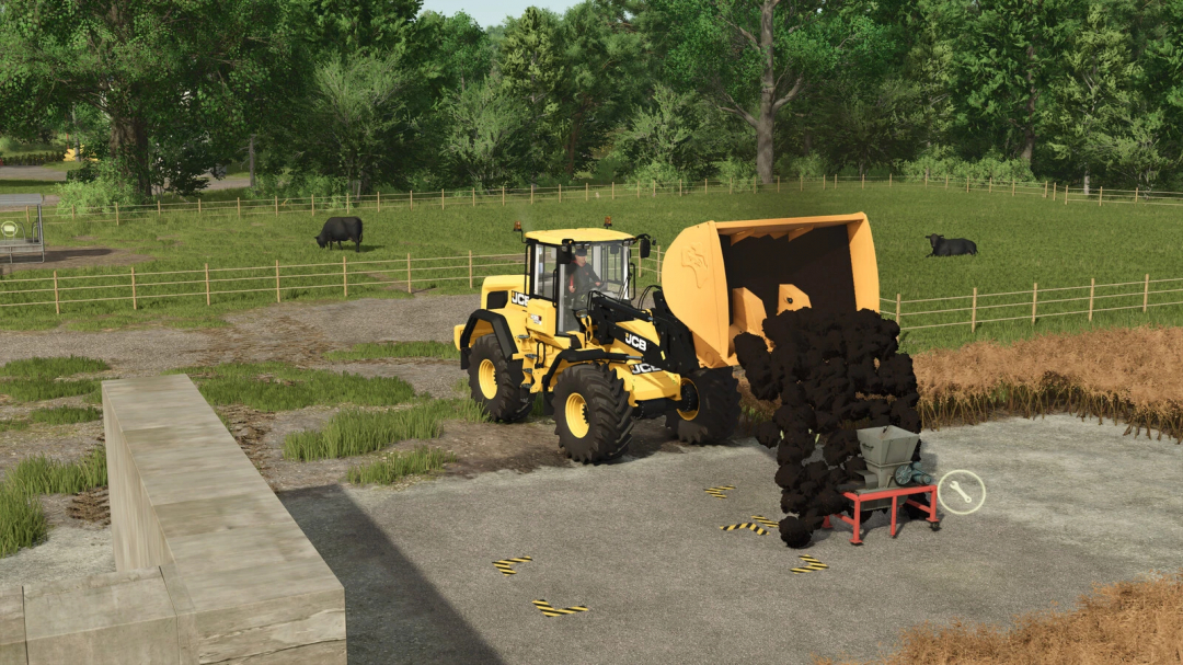 Farming Simulator 25 mod: A yellow JCB loader produces black compost at a small compost production facility.