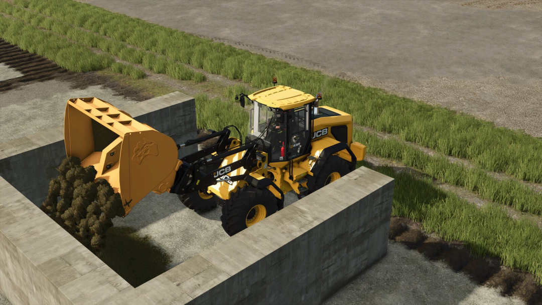 JCB wheel loader using Small Compost Production mod in Farming Simulator 25, collecting compost on a farm.