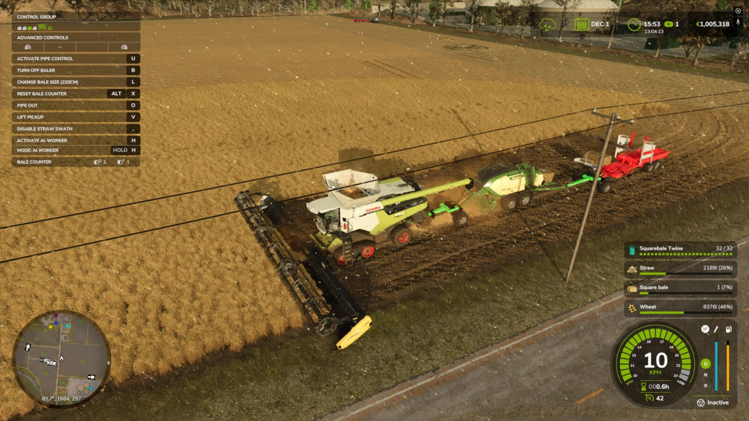 Farming Simulator 25 mod: Combine harvester transferring wheat into a trailer on a farm field.