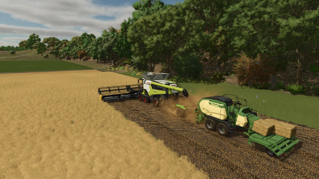 Farming Simulator 25 mod scene showing two harvesters at work on a wheat field, with hay bales being collected, in Farming Simulator 25.