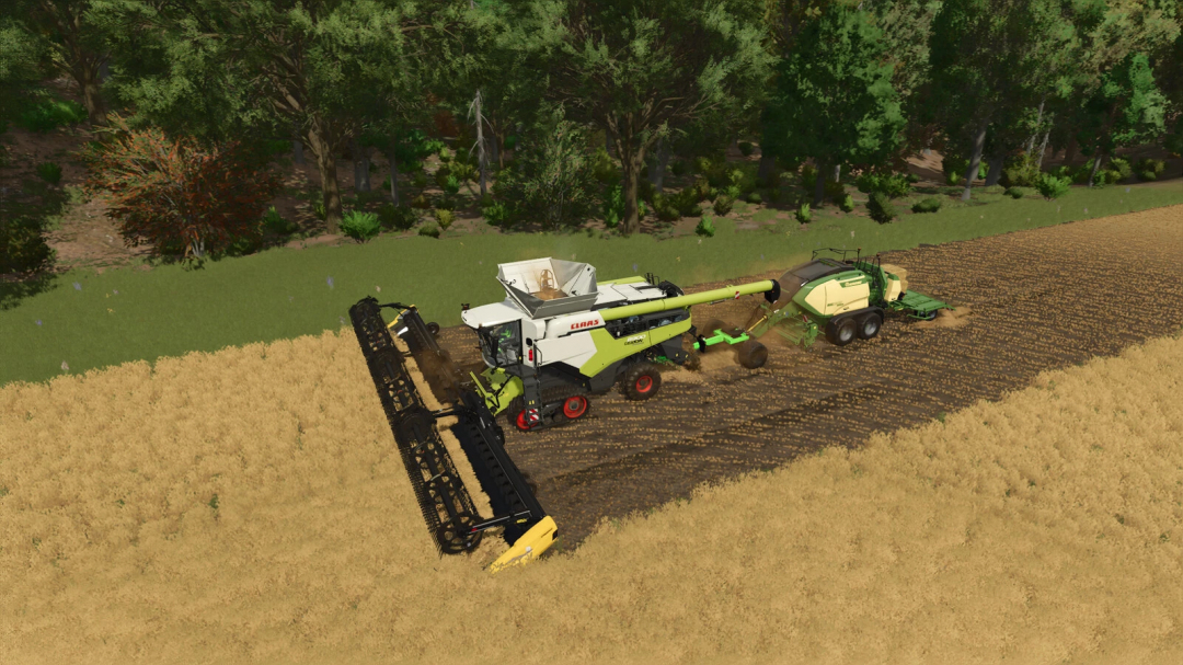 Farming Simulator 25 mod: CLAAS forage harvester working in a field, connected to a trailer for silage collection, part of the Snüfelstück v1.2.5.0 mod pack.