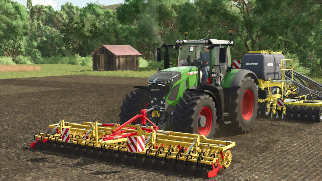 Farming Simulator 25 mod: Tractor with Sopema Pousse Avant v1.0.0.1 attachment working on a farm field, ideal for farming activities in FS25.