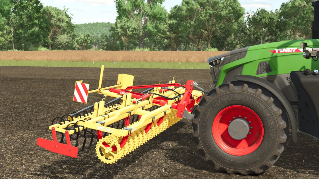 Farming Simulator 25 mod: Fendt tractor with Sopema Pousse Avant v1.0.0.1 attachment on a farm field.