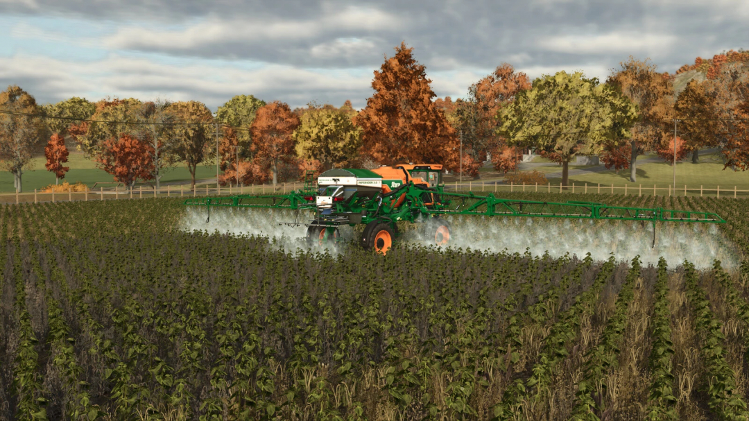 Farming Simulator 25 mod featuring the Stara Imperador 3.0 v1.0.0.0 tractor spraying crops in a field with autumn trees in the background.