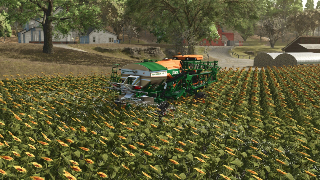 Farming Simulator 25 mod: Stara Imperador 3.0 v1.0.0.0 spraying sunflowers with detailed farming equipment in a rural farm setting.