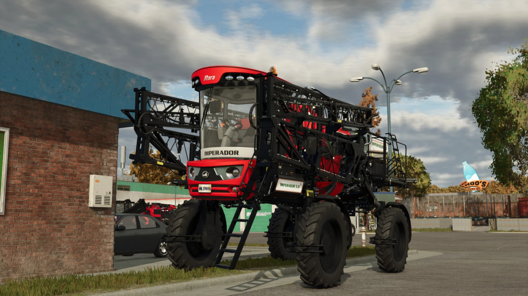 FS25 mod: Stara Imperador 3.0 vehicle with large tires and spraying equipment, ready for farming tasks in Farming Simulator 25.