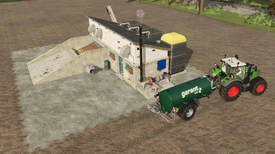Farming Simulator 25 mod featuring a sugar beet harvesting setup with tractor, tank, and processing building for FS25 mods.