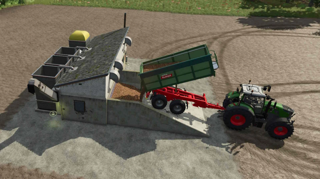 Farming Simulator 25 mod image showing a tractor filling a sugar beet harvester with a sugar beet loader.