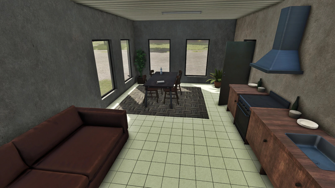 Interior view of the Swedish Pigshed mod in Farming Simulator 25, featuring a kitchen and dining area with modern furniture.