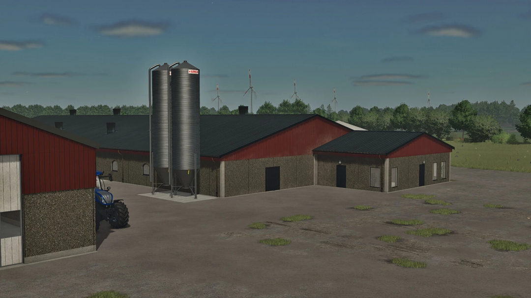 Farming Simulator 25 mods: Farm buildings including a large barn with silos, tractor, and field in the background.