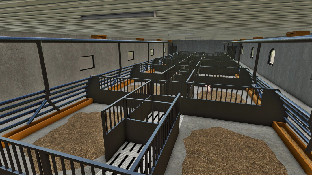 Indoor pig pens in Farming Simulator 25 mods, with bedding, feeding troughs, and a pig visible in one pen.
