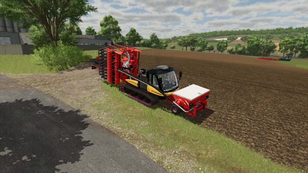 Farming Simulator 25 mod: T-Wolf Agripower v1.1.0.0, a tracked agricultural implement parked beside a plowed field, with lush green trees and cloudy sky.