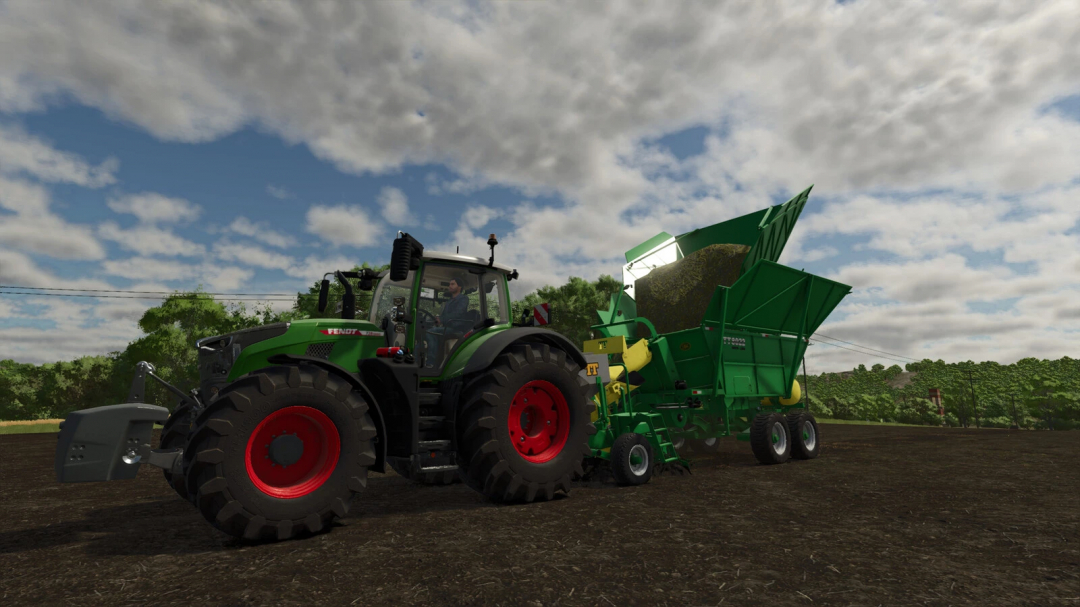Farming Simulator 25 mod: TT 8022 Drive-less v1.0.0.0 tractor with seed dispenser on plowed field under a cloudy sky.