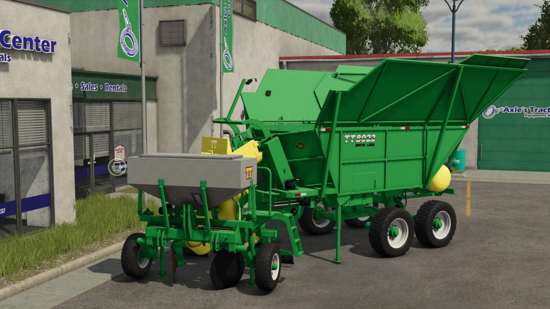 FS25 mod TT 8022 Drive-less agricultural equipment outside a tractor dealership in Farming Simulator 25.