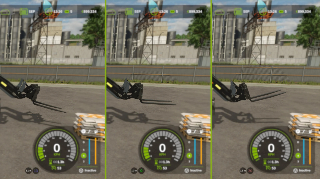 Screenshot from Farming Simulator 25 showing the Tool Inclination Helper mod active, assisting forklift tilt adjustments.