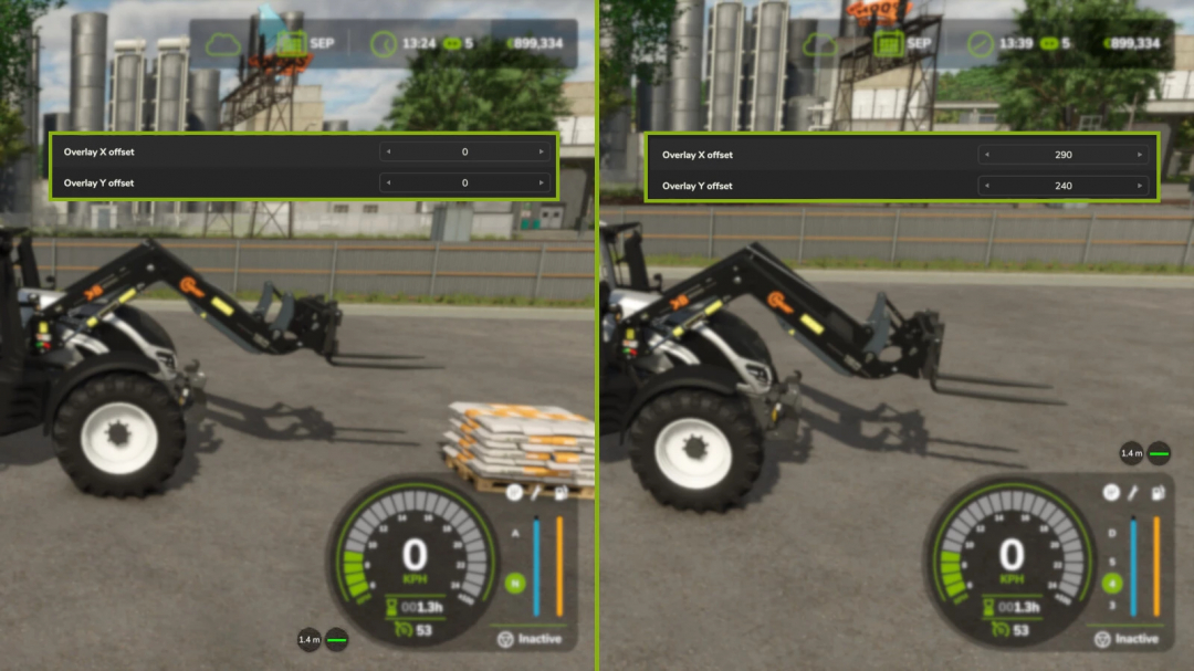Farming Simulator 25 mod screenshot showing Tool Inclination Helper v1.0.0.4 with adjustable overlay X and Y offsets on the in-game display.