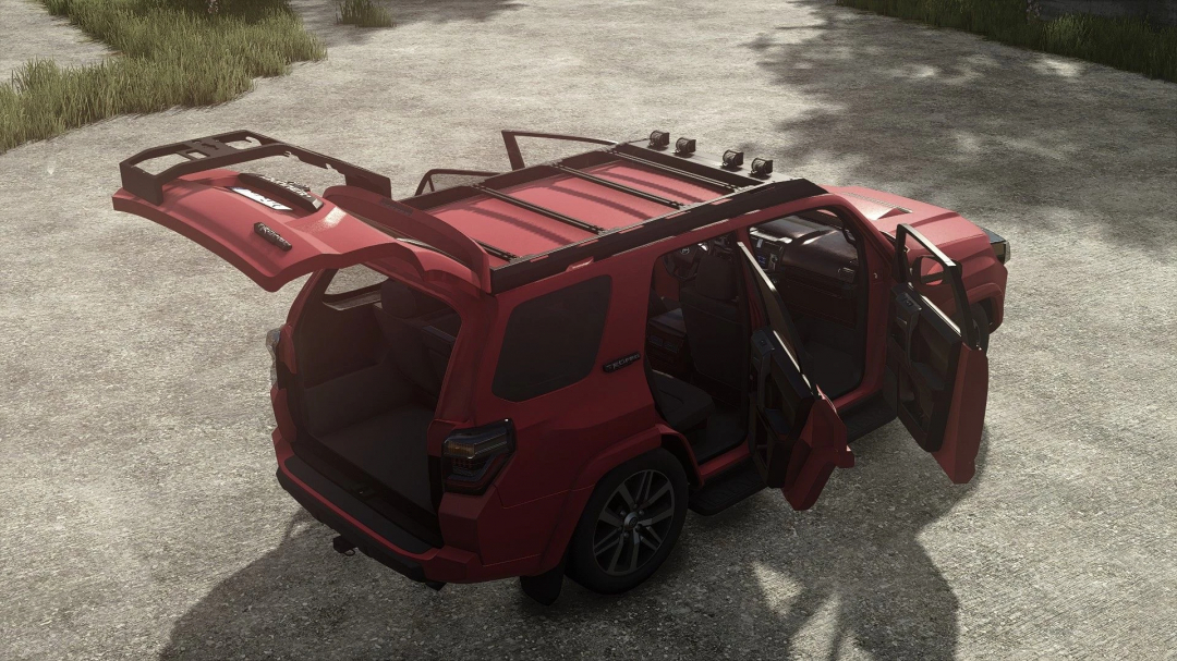 Farming Simulator 25 mod featuring a red Toyota 4Runner 2018 TRD PRO 4X4 with open doors, showing detailed interior and exterior design.