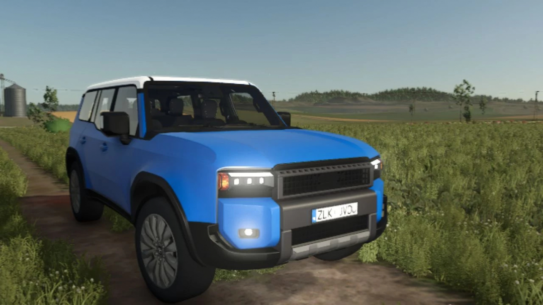 Farming Simulator 25 mod: blue Toyota Land Cruiser v1.0.0.0 on a farm field background.