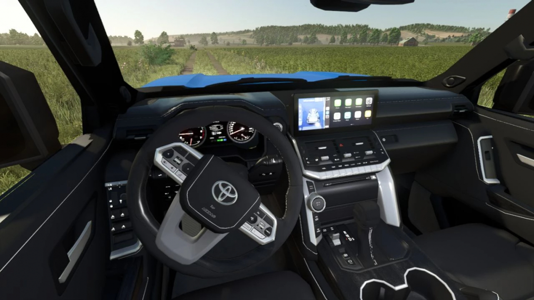 Interior of a Toyota Land Cruiser mod from Farming Simulator 25, showcasing the dashboard and steering wheel, part of FS25 mods.