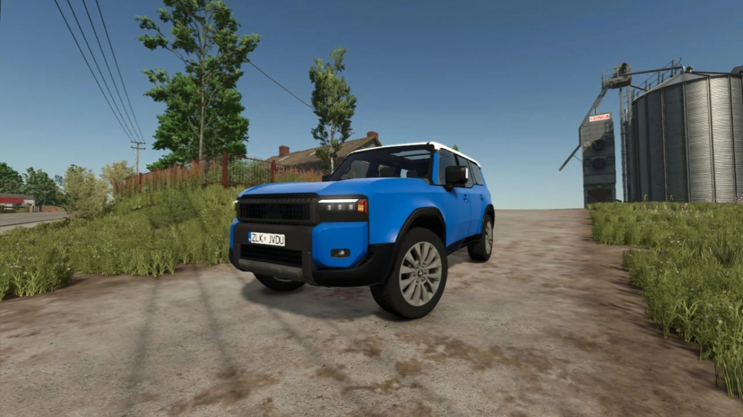 Farming Simulator 25 mod: Blue Toyota Land Cruiser v1.0.0.0 on a farm dirt road, part of FS25 mods collection.