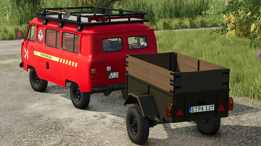 Red UAZ pickup with wooden cargo bed and roof rack, used as a rescue or utility vehicle in Farming Simulator 25 mods.