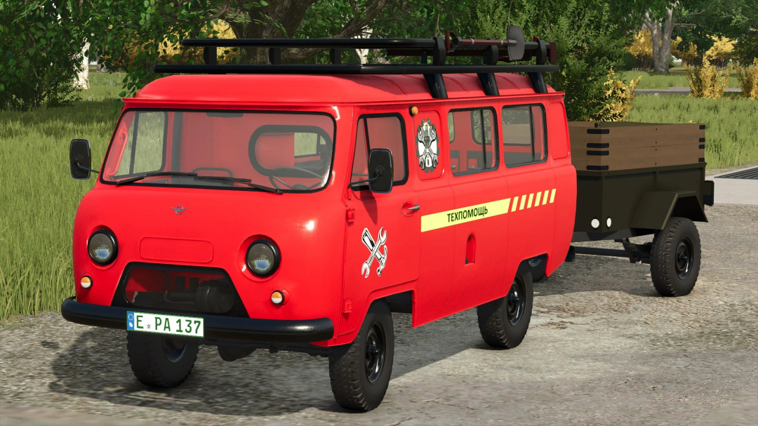 Red emergency vehicle with tools and signs, featuring a Russian license plate, from FS25 mods in Farming Simulator 25