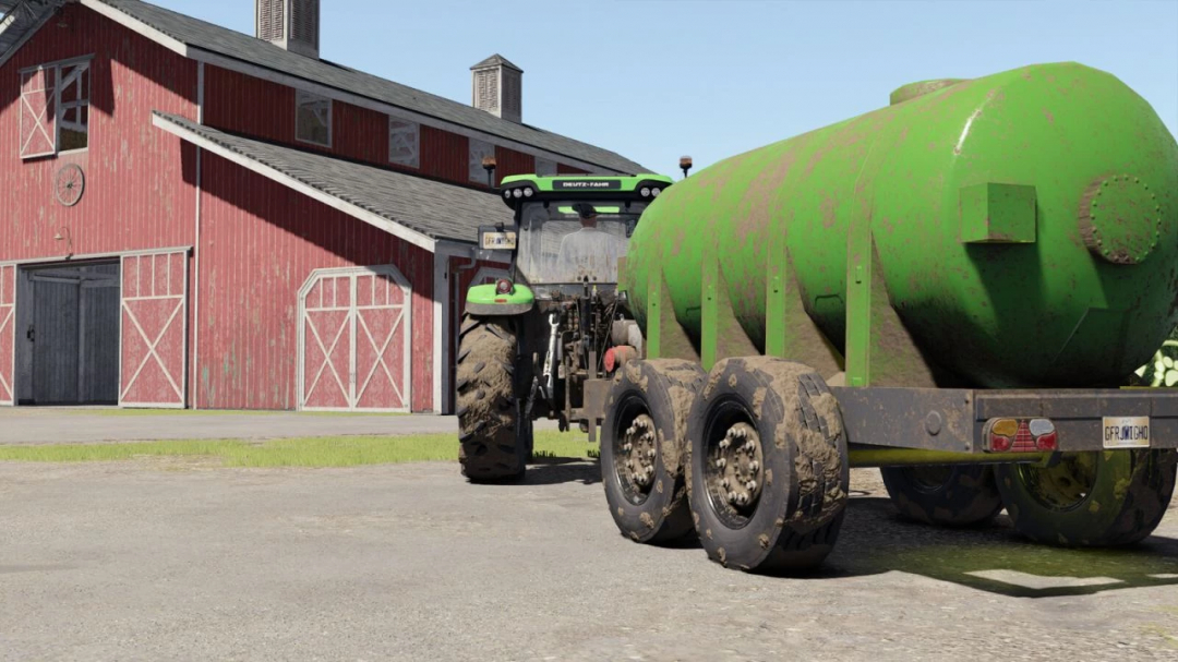 Farming Simulator 25 mod: Water Trailer v1.0.0.0 attached to a tractor near a red barn.