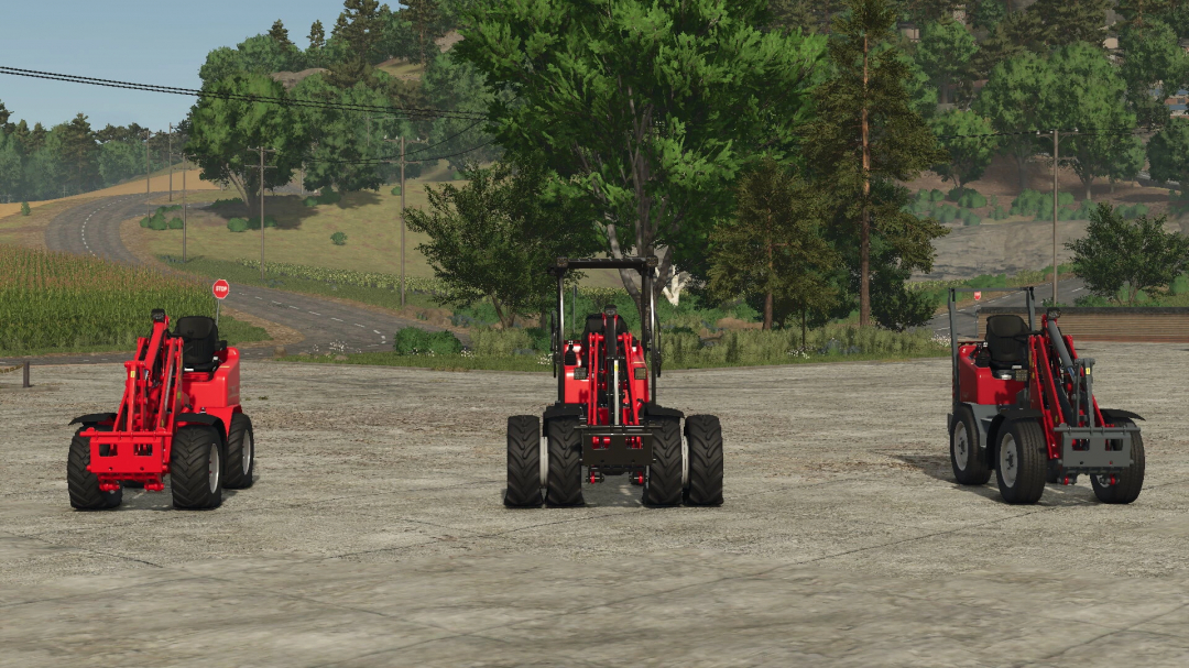 Three Weidemann / Schäffer loaders in Farming Simulator 25 mods, shown on a gravel surface with trees and a winding road in the background.