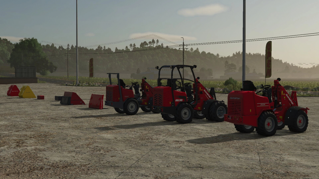 Farming Simulator 25 mods: Weidemann / Schäffer Lader v1.1.0.0 with small loaders and attachments displayed outdoors.