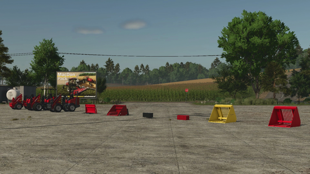 Farming Simulator 25 mods: Display of Weidemann / Schäffer loader v1.1.0.0 with various attachments on a farm yard.