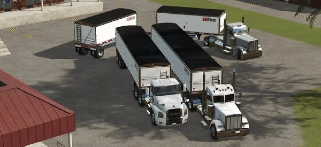 Farming Simulator 25 mods: Wilson Trailer Pack v1.0.0.0 featuring two large black and white trailers attached to semi-trucks, displayed on a farm lot.