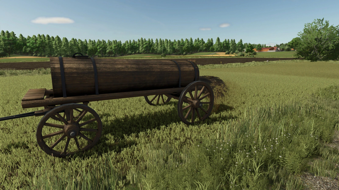 Wooden cart with a water barrel mod from Farming Simulator 25, scenic rural field background, part of FS25 mods collection.