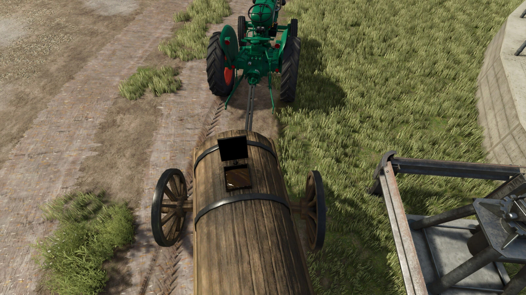 Farming Simulator 25 mod: Wood Barrel v1.0.0.0, showing a wooden cart attached to a tractor, used for farming tasks in the game.