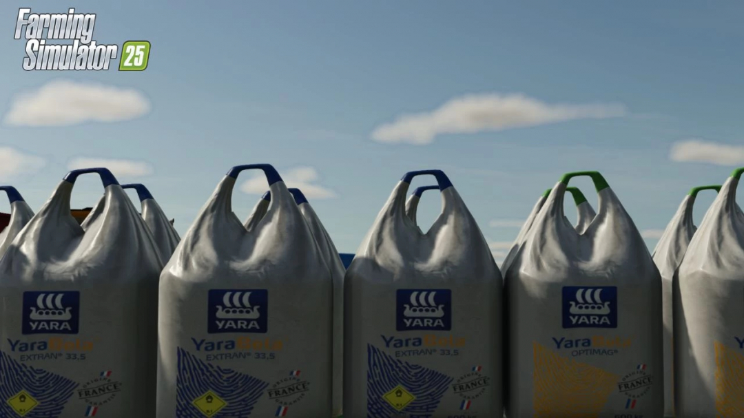 Farming Simulator 25 mod: Yara BigBag Pack v1.0.0.0 with large fertilizer bags on a farm.