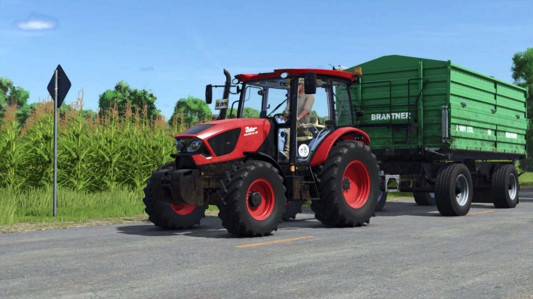 Farming Simulator 25 mod: Zetor Major CL 80 tractor with green trailer on a country road.