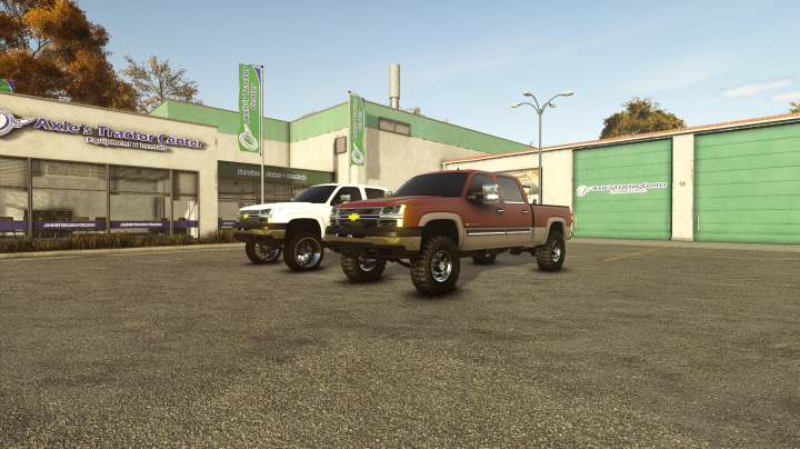 fs25-mods,  Farming Simulator 25 mods: Two lifted Chevrolet trucks parked in front of Axle's Tractor Center, part of the FS25 mods collection.