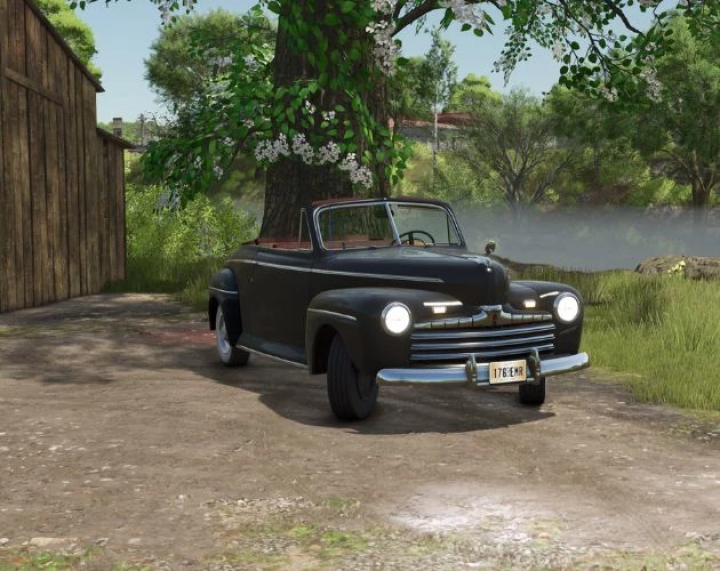 fs25-mods, Farming Simulator 25 mod featuring a vintage 1946 Ford Convertible parked under a tree, with lush greenery and a rustic setting.