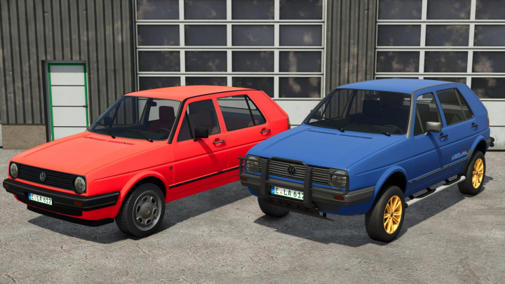 fs25-mods,  Two classic Volkswagen Golf cars, a red and a blue model, in Farming Simulator 25 with mods for vintage vehicle enthusiasts.