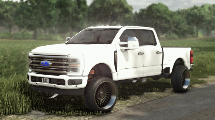fs25-mods, Farming Simulator 25 mod: White 2023 Ford F250 Limited pickup truck in a rural setting.