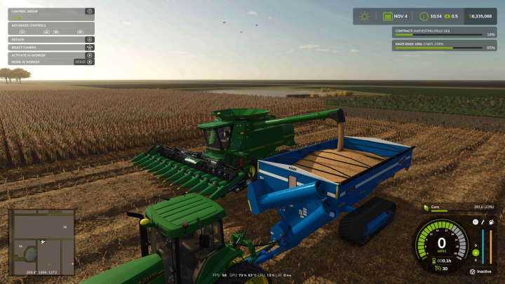 fs25-mods, Farming Simulator 25 mod featuring a John Deere 9610 harvesting corn with a Kinze 1050 grain cart in a landscape.