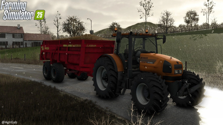 fs25-mods, Farming Simulator 25 mod featuring a Renault 715 RZ tractor pulling a red Agram BigBen 13T beta trailer on a rural road.