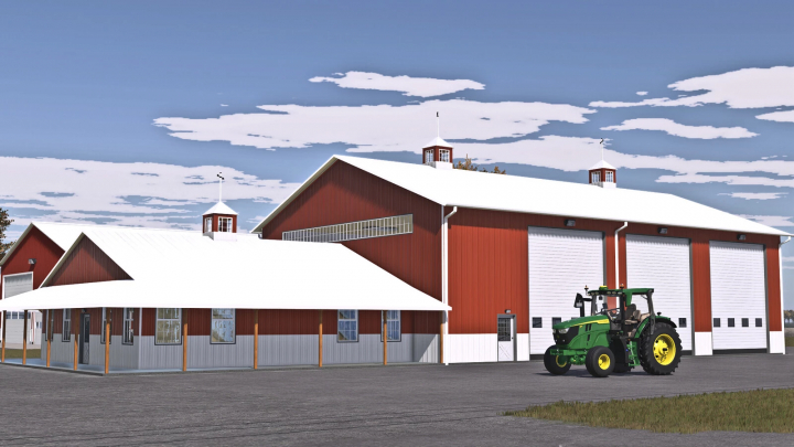 fs25-mods,  Farming Simulator 25 mod: American Midwest Shouse, a large barn with red walls, white roof, and a green tractor parked outside.